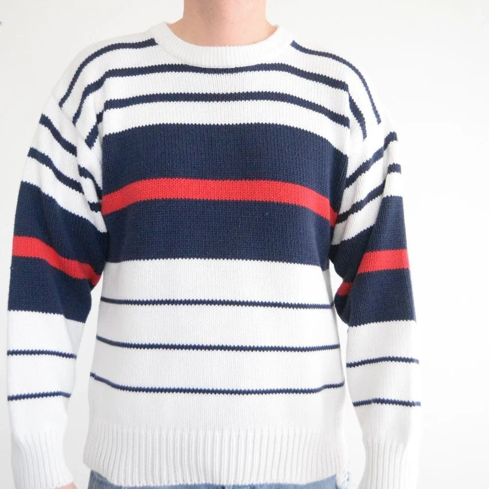 Vintage Eddie Bauer White with Red and Blue Stripes Knit Crewneck Sweater L